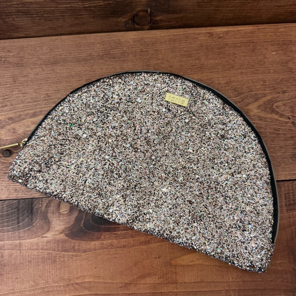 Tarte Champagne Gold Glitter Half Moon Cosmetic Makeup Bag Zip Pouch